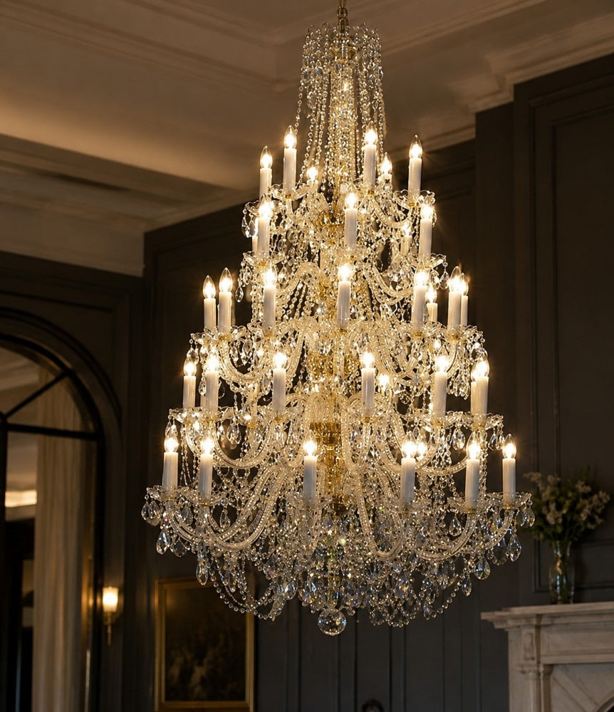 Lustre allumé dans un salon sombre, moulures et cheminée en arrière-plan