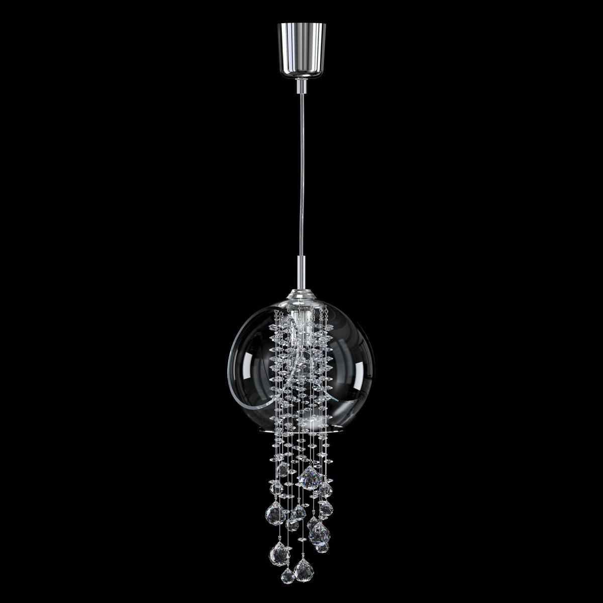 Profil du luminaire allumé, cristaux tombant sous la boule de verre