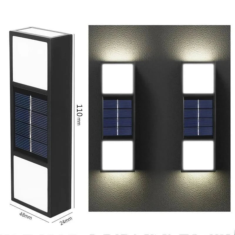 Vue de face et schéma coté montrant panneau solaire intégré et dimensions du luminaire