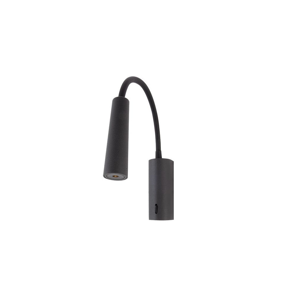 Applique murale noire orientable avec bras flexible et tête cylindrique, vue de face.