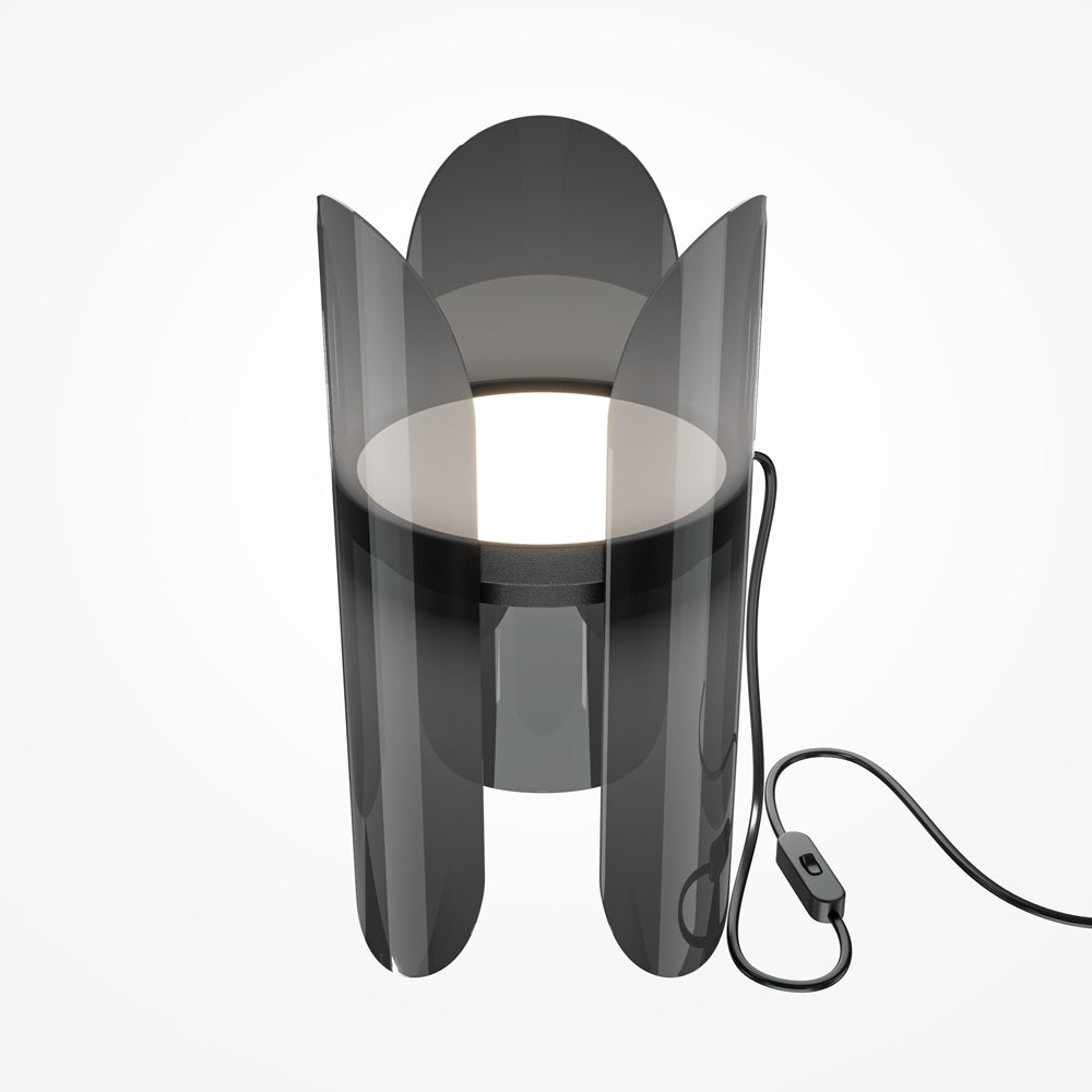 Lampe de chevet noire en verre fumé, vue de face sur fond blanc neutre