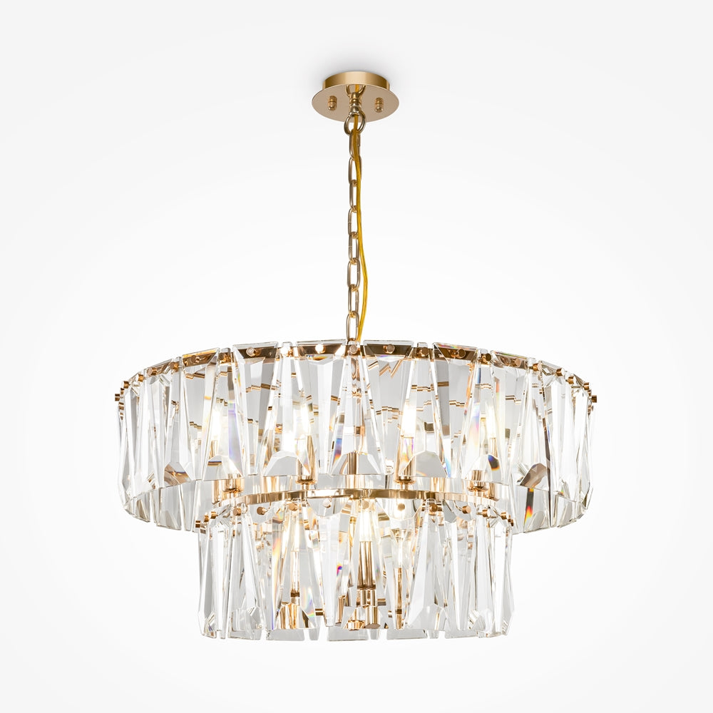 Suspension dorée à abat-jour cylindrique en cristal taillé, vue de face sur fond blanc