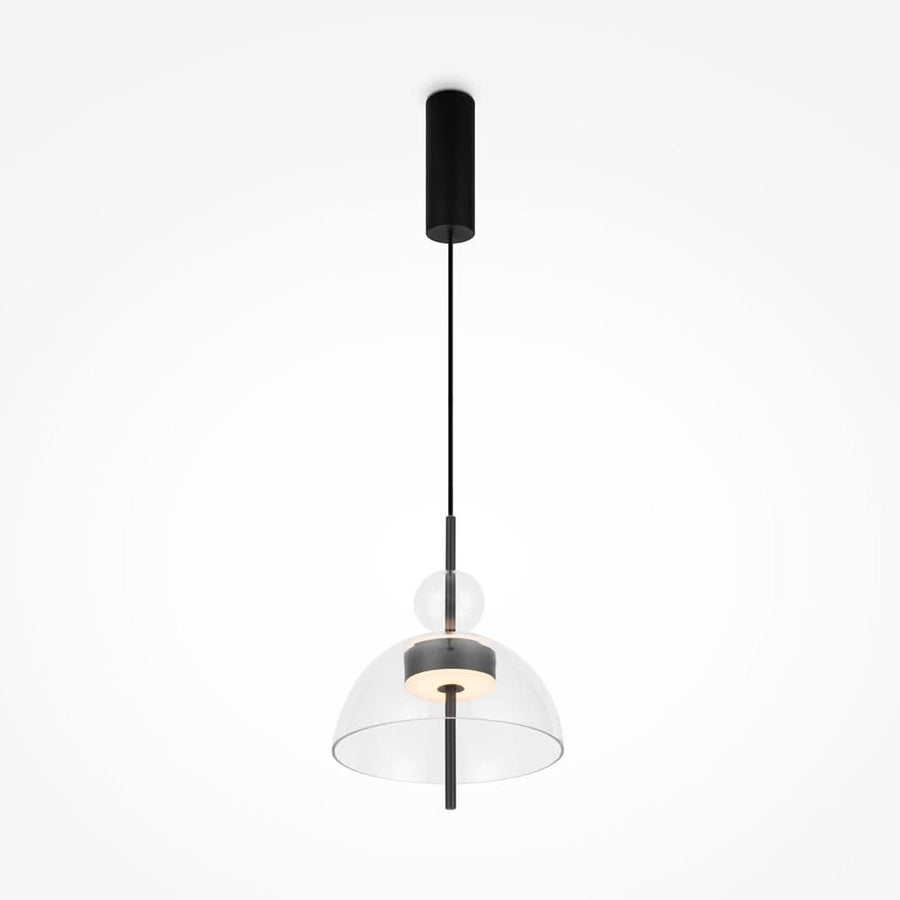 Suspension vue de face, coupole en verre transparent et sphère surmontée d'une tige noire