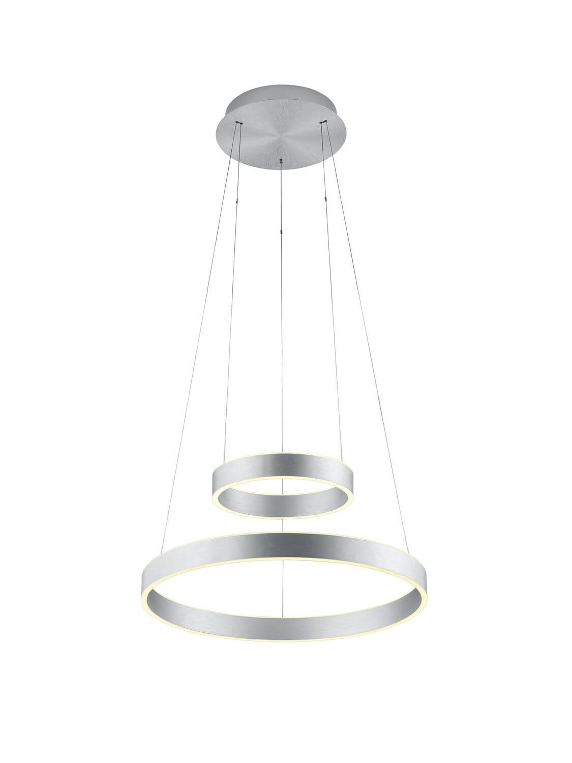 Suspension deux anneaux aluminium brossé suspendus par câbles fins, vue de face sur fond blanc