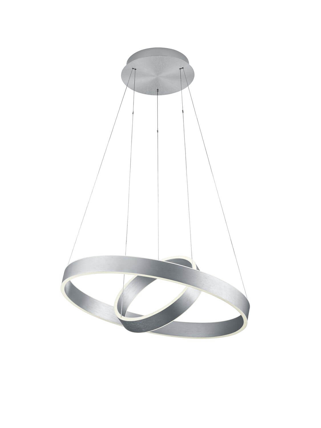 Vue de dessous des deux anneaux entrelacés en aluminium brossé, éclairage LED
