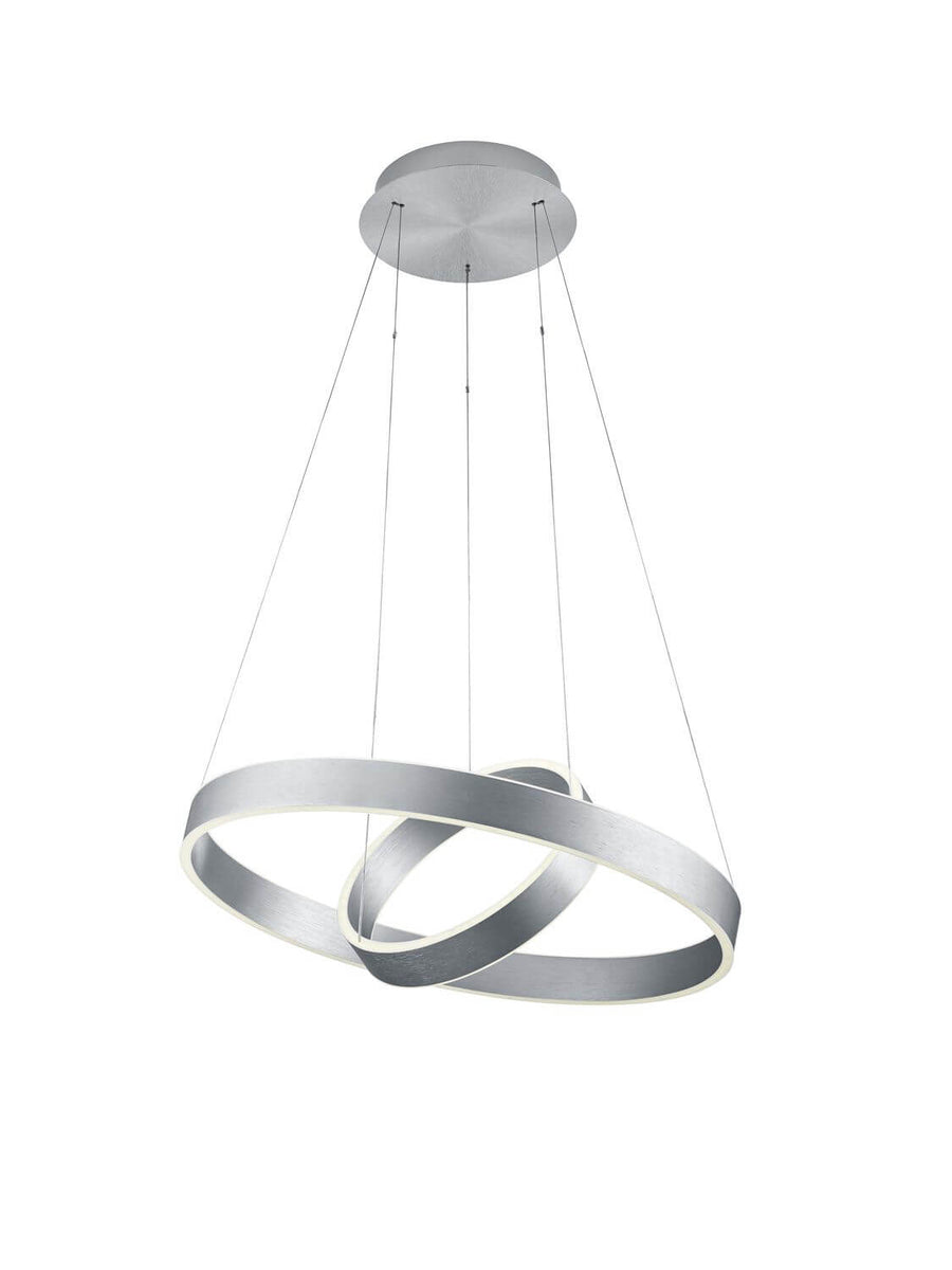 Vue de dessous des deux anneaux entrelacés en aluminium brossé, éclairage LED