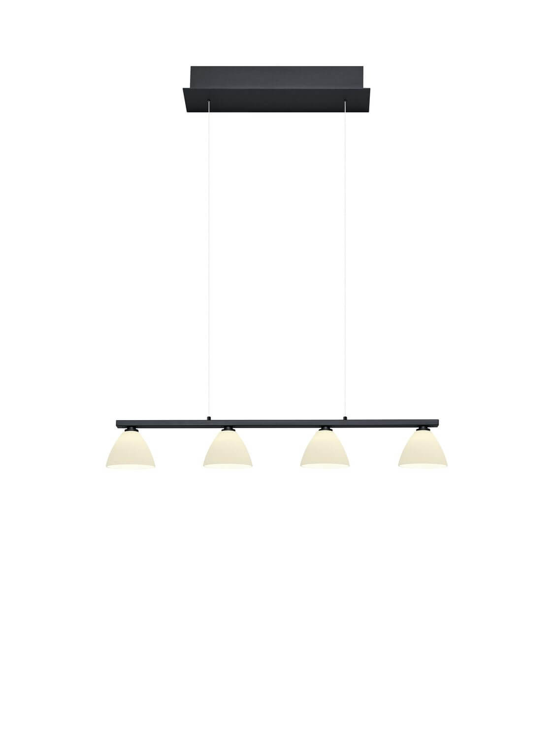 Vue de face du luminaire suspendu avec quatre abat-jours coniques et structure noire.