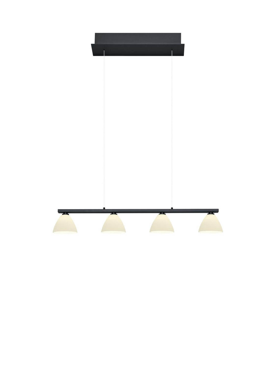 Vue de face du luminaire suspendu avec quatre abat-jours coniques et structure noire.