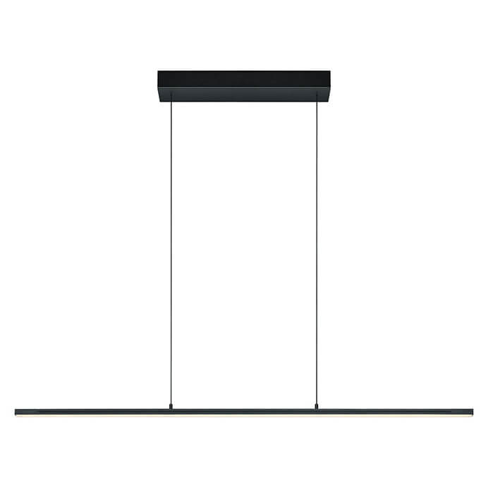 Suspension noire vue de face, long bandeau lumineux horizontal sous un support rectangulaire