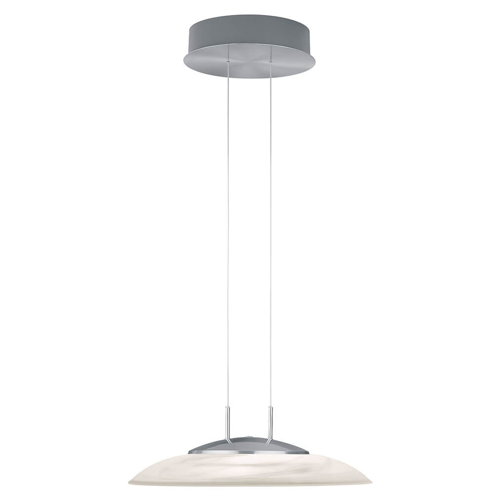 Vue de face de la suspension avec rosace métallique et diffuseur en verre