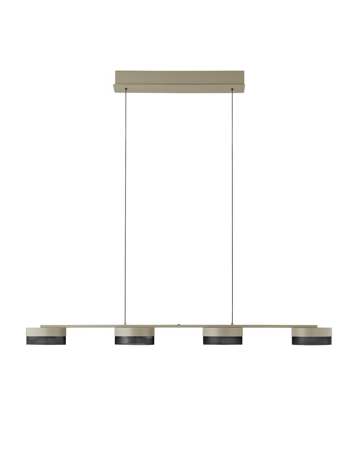 Suspension linéaire beige avec quatre abat-jours cylindriques en mesh noir, vue de face.