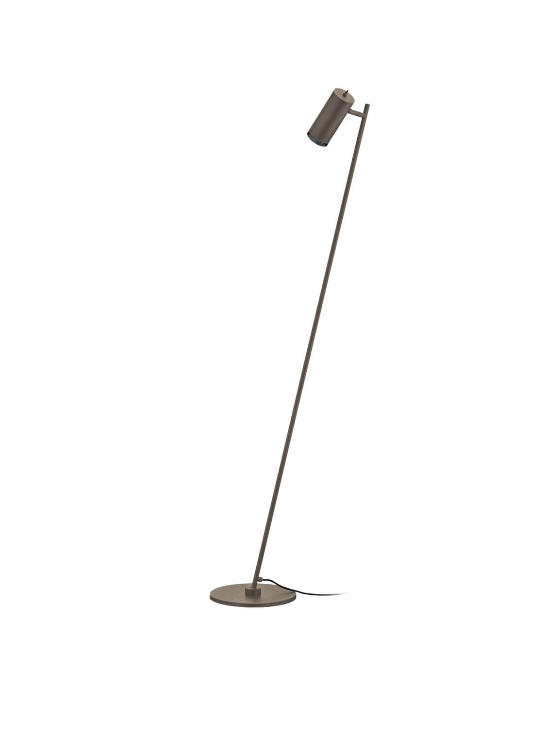 Vue de profil du lampadaire incliné, montrant la tige et la tête cylindrique dirigée vers le bas