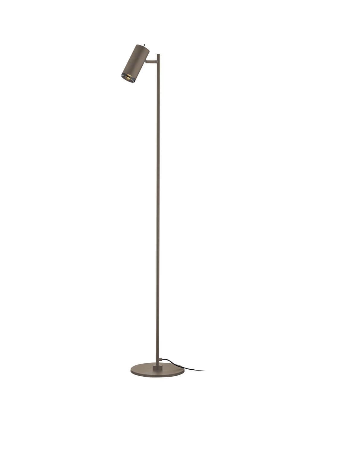 Lampadaire taupe vu de face, tige fine verticale, socle rond et tête cylindrique orientable