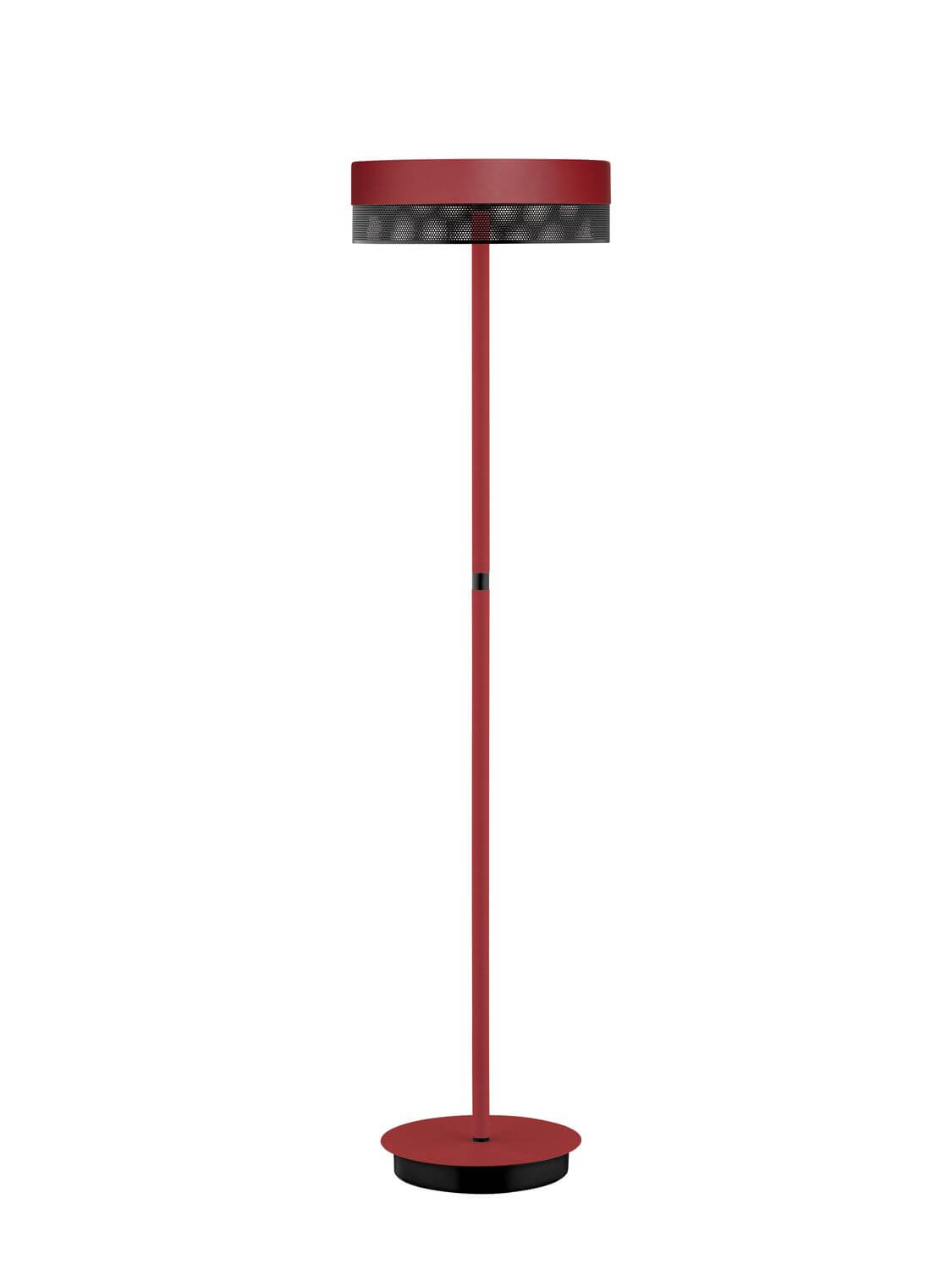Lampadaire rouge de face, abat-jour cylindrique et socle rond sur fond blanc.