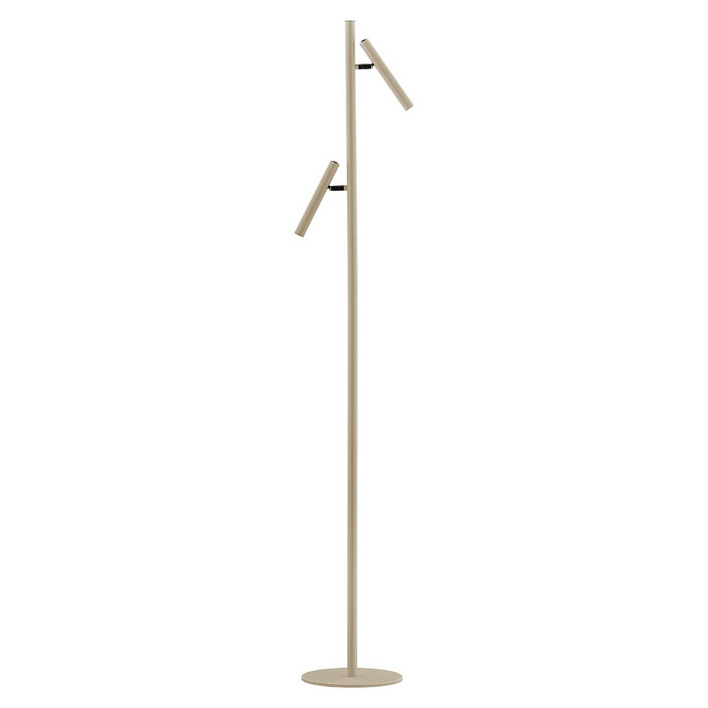 Vue de face du lampadaire beige avec deux projecteurs cylindriques orientables sur pied