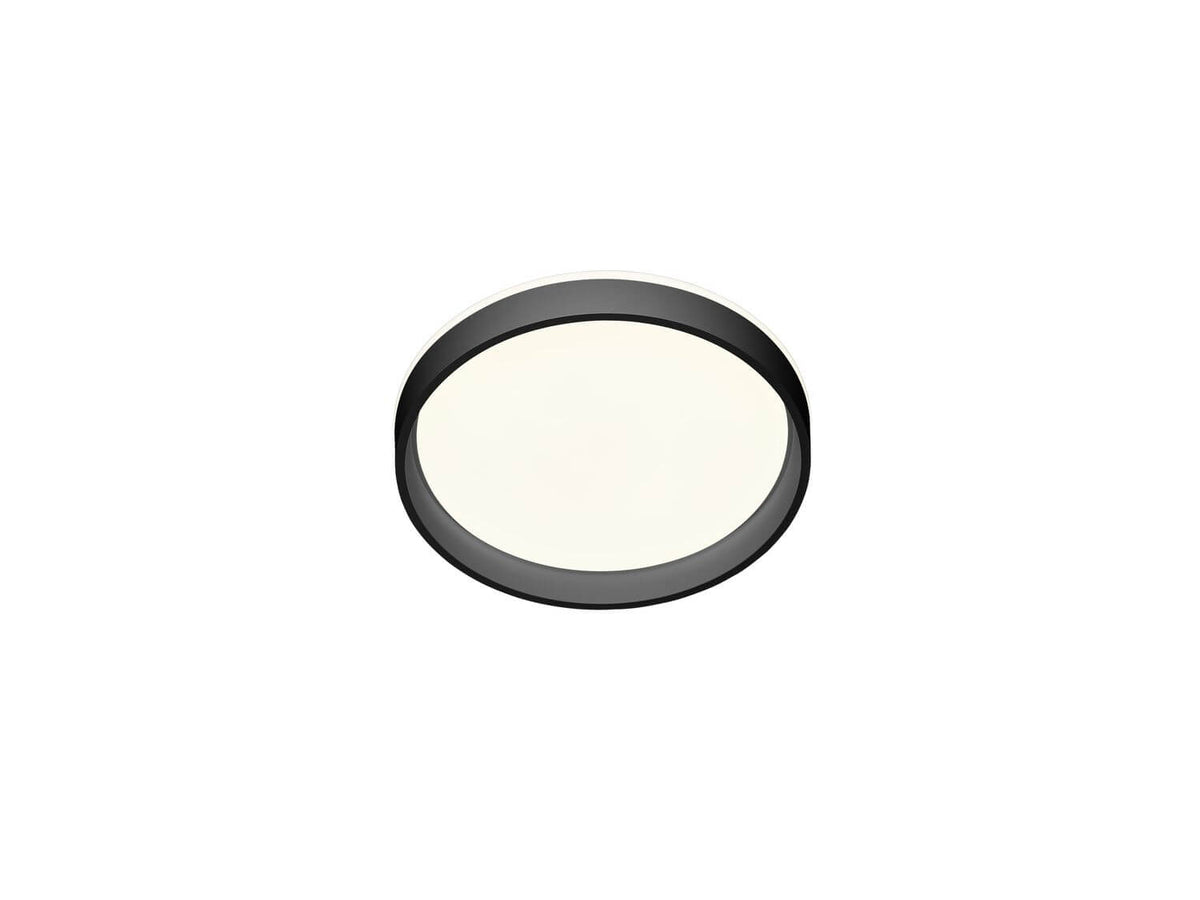 Plafonnier rond noir vu de dessous, diffuseur blanc laiteux et cerclage fin