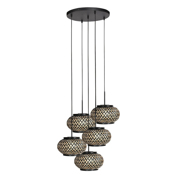 Suspension luminaire Nox Light noir, 5 lumières, abat-jour en bambou Ø22.5 cm