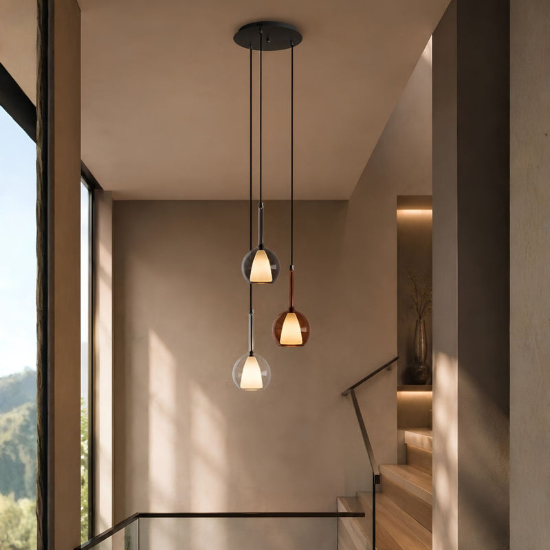 Suspension grande hauteur Belluna 3 lumières, rosace Ø 40 cm