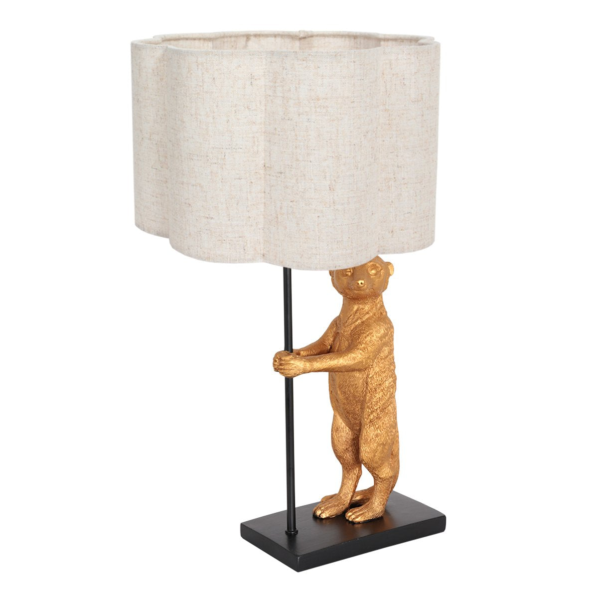 Photo produit de face sur fond blanc, lampe à poser avec statuette dorée et abat-jour crème.