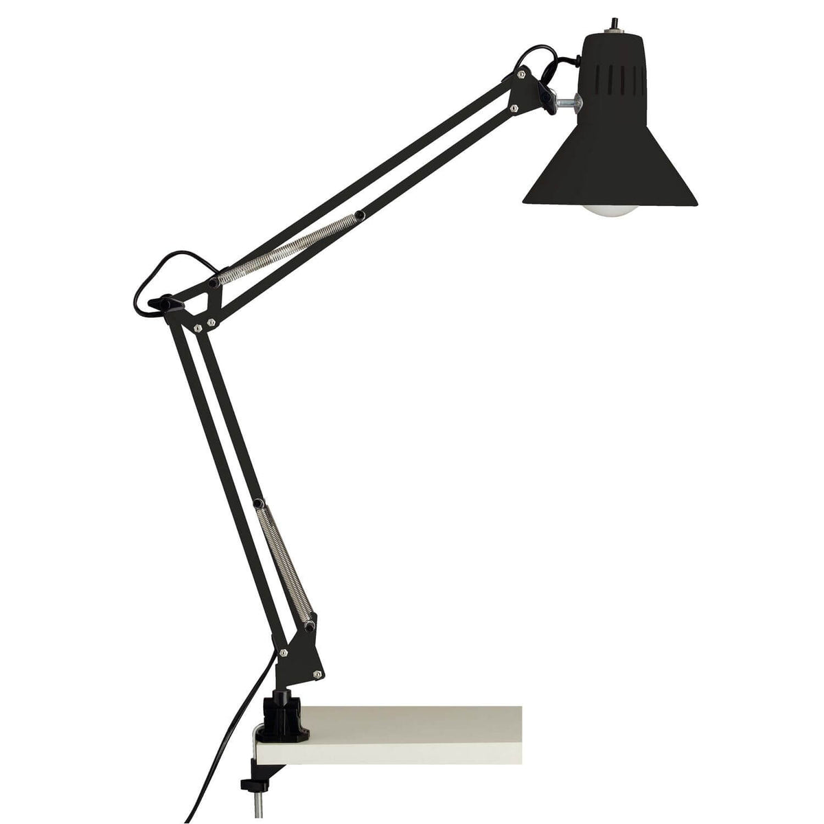 Lampe d'architecte noire articulée de profil, pince fixée au bord d'un bureau