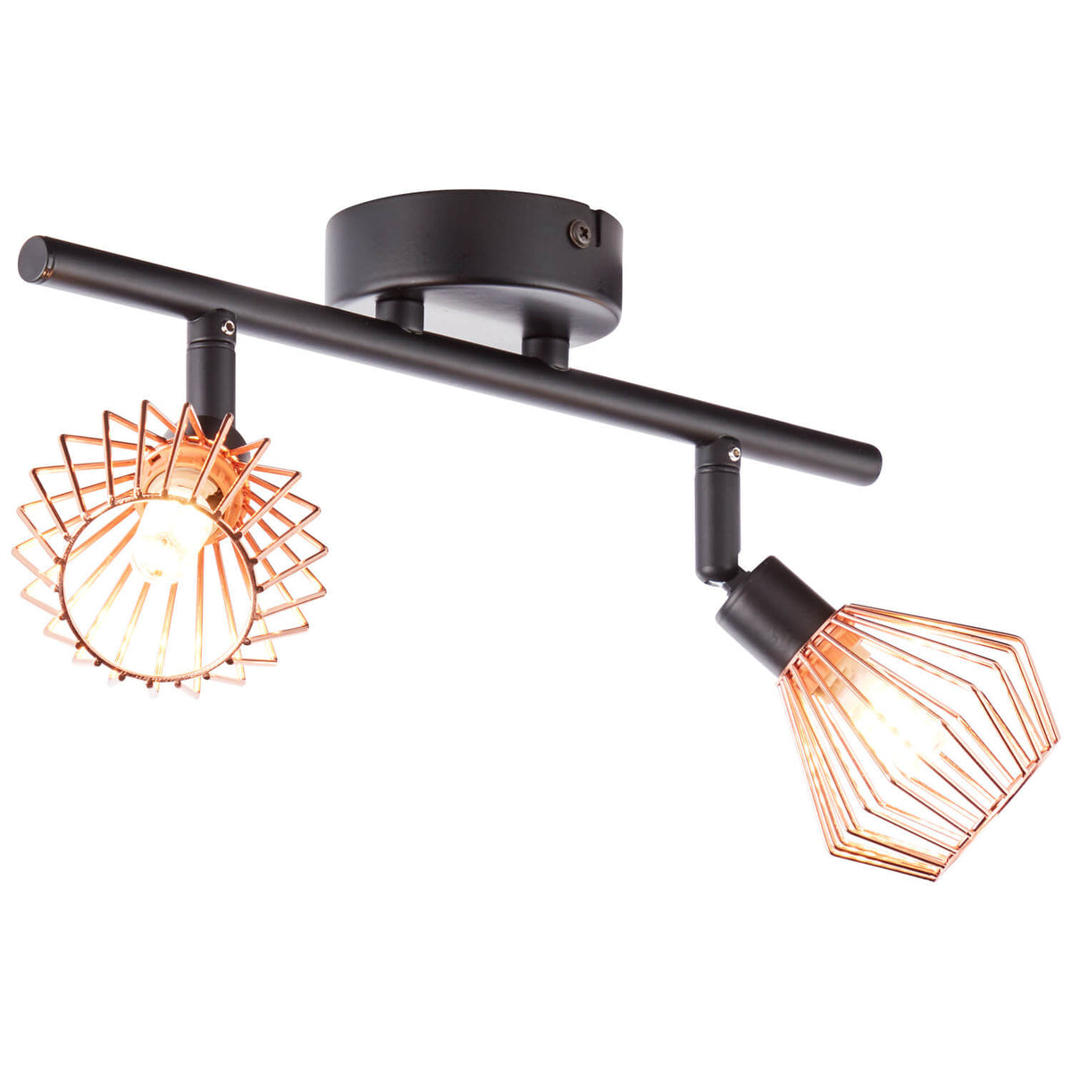 Vue en angle montrant les deux spots orientables et cages cuivrées allumées