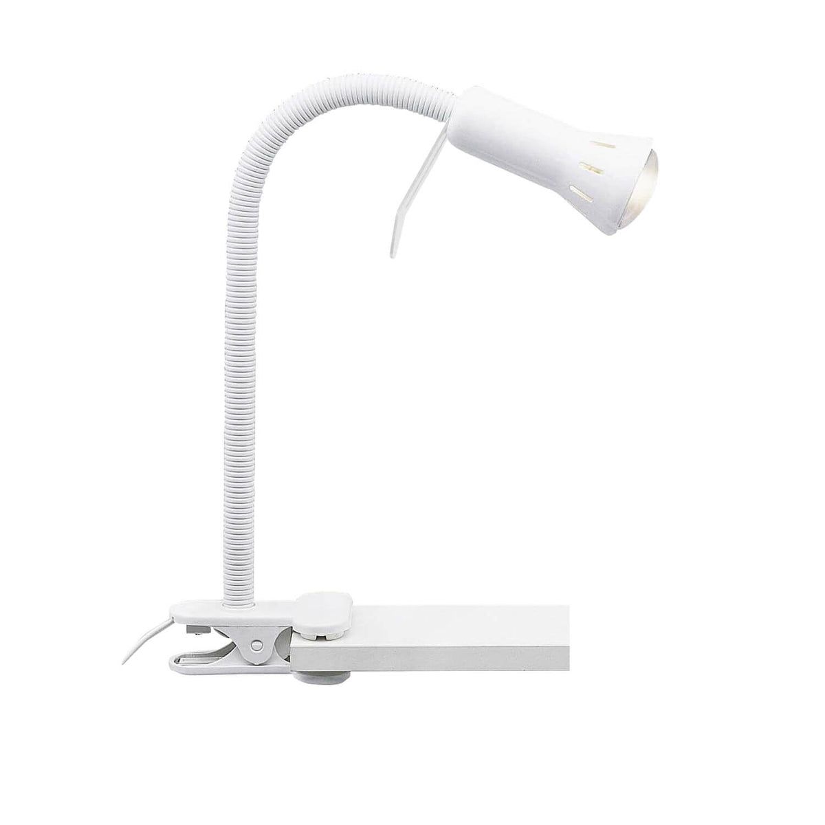 Lampe de bureau blanche à pince, col flexible et tête orientable, vue de profil.