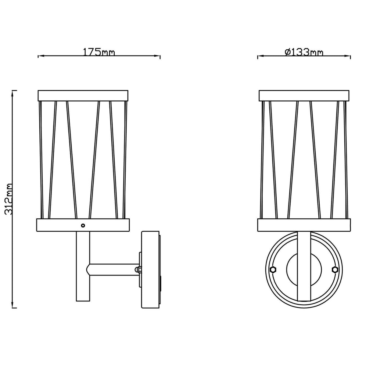 Schéma technique coté : hauteur 312 mm, largeur 175 mm, diamètre 133 mm