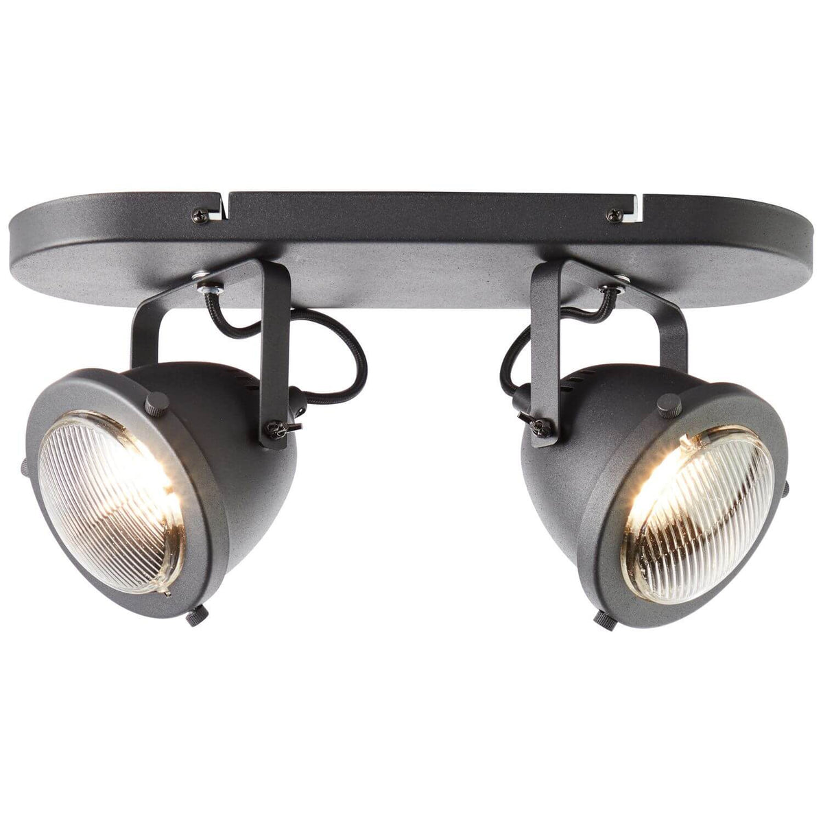 Vue de trois quarts du plafonnier noir à deux projecteurs orientables sur fond blanc