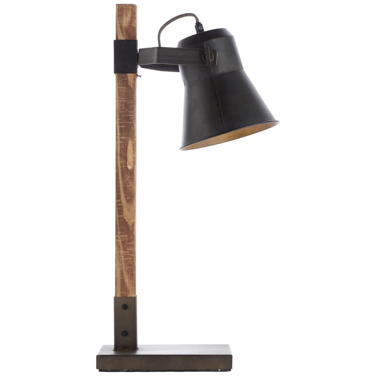 Lampe à poser vue de face, abat-jour conique noir et montant en bois