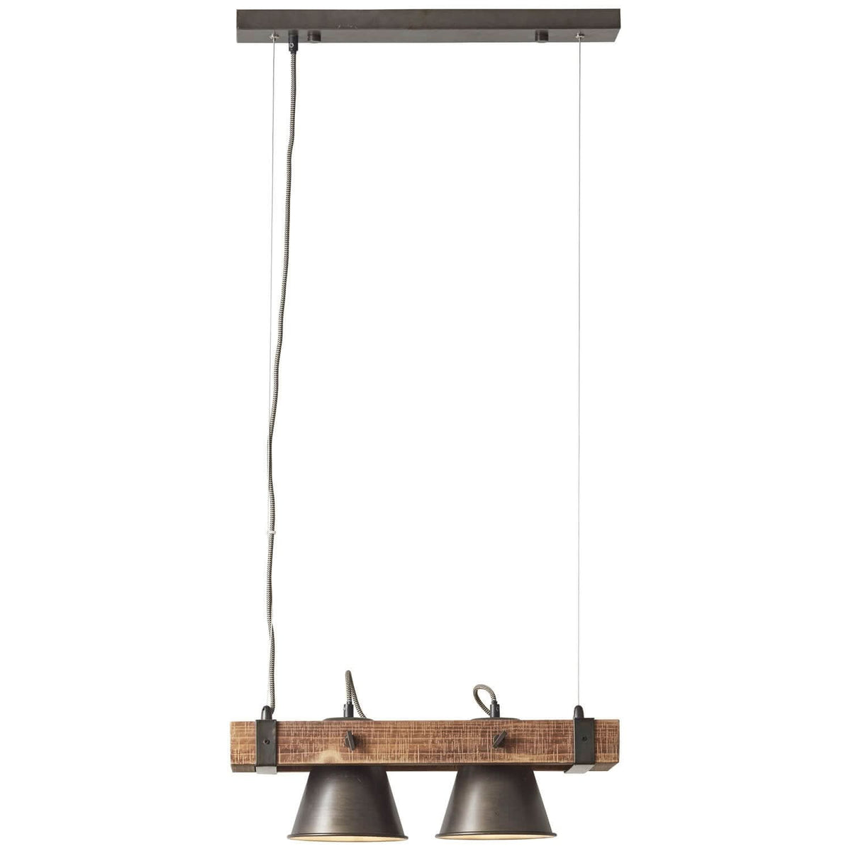 Suspension vue de face, poutre en bois et deux abat-jours coniques noirs
