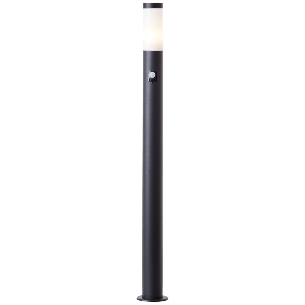 Vue de face sur fond blanc, borne noire avec diffuseur blanc et capteur.