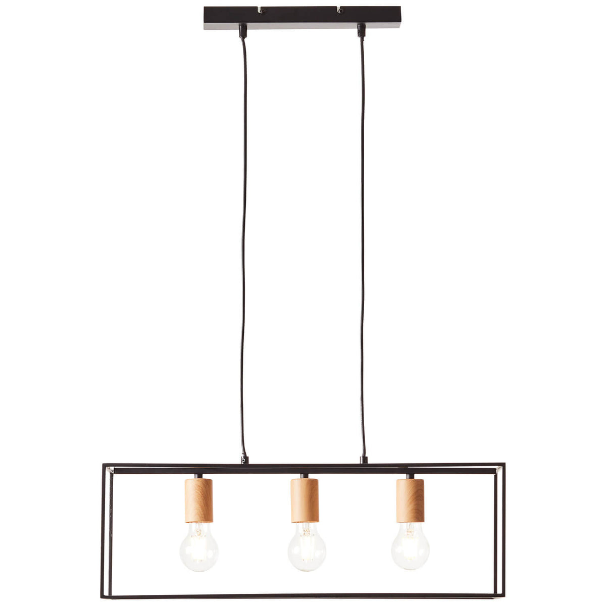 Suspension trois lumières vue de face sur fond blanc, cadre noir rectangulaire et douilles en bois.