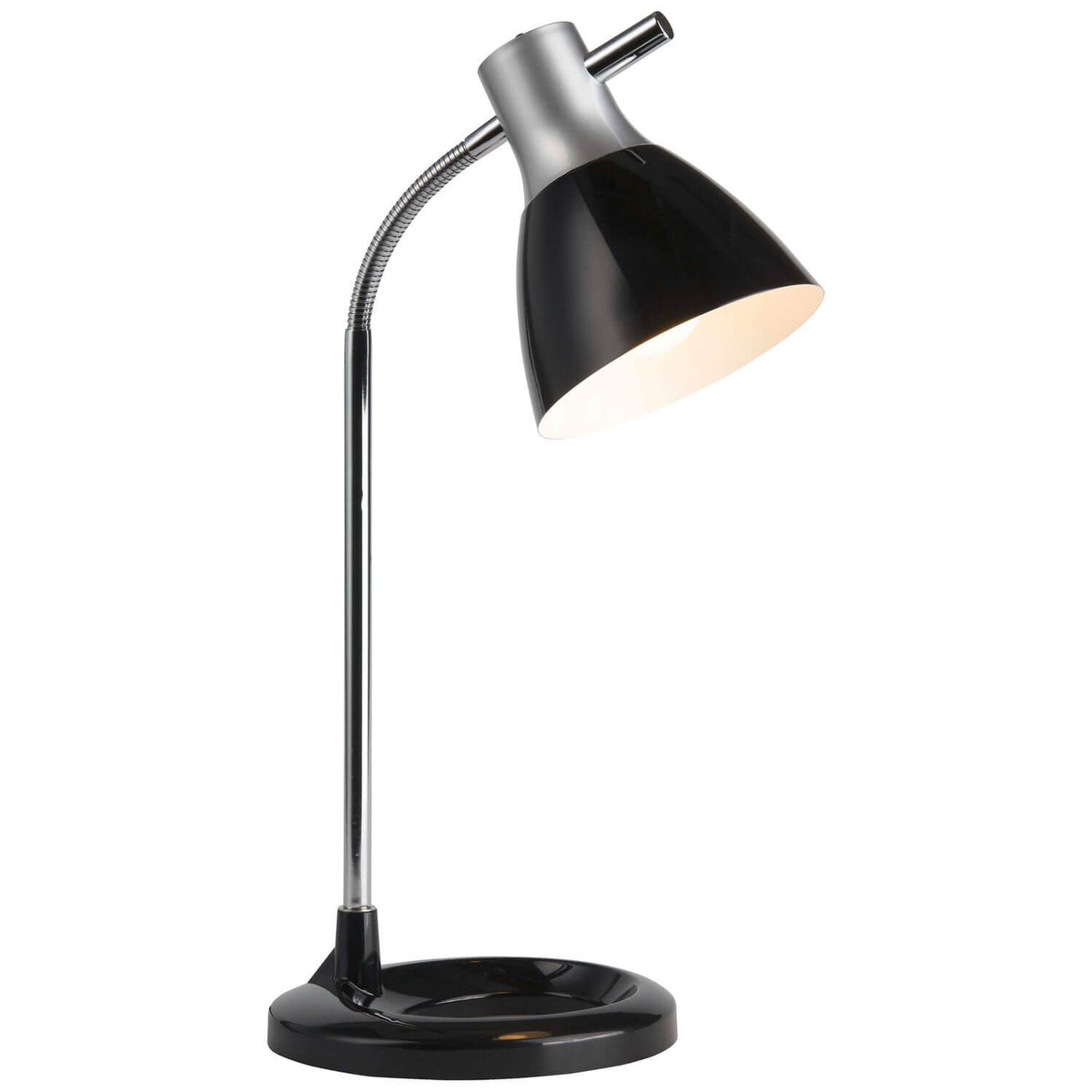 Lampe à poser noire et argentée de face avec bras flexible et abat-jour conique.