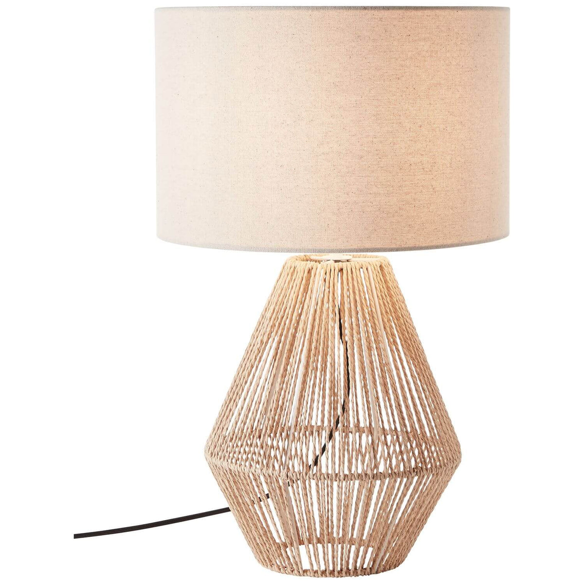 Lampe à poser de face sur fond blanc, abat-jour beige et base en cordes tressées.