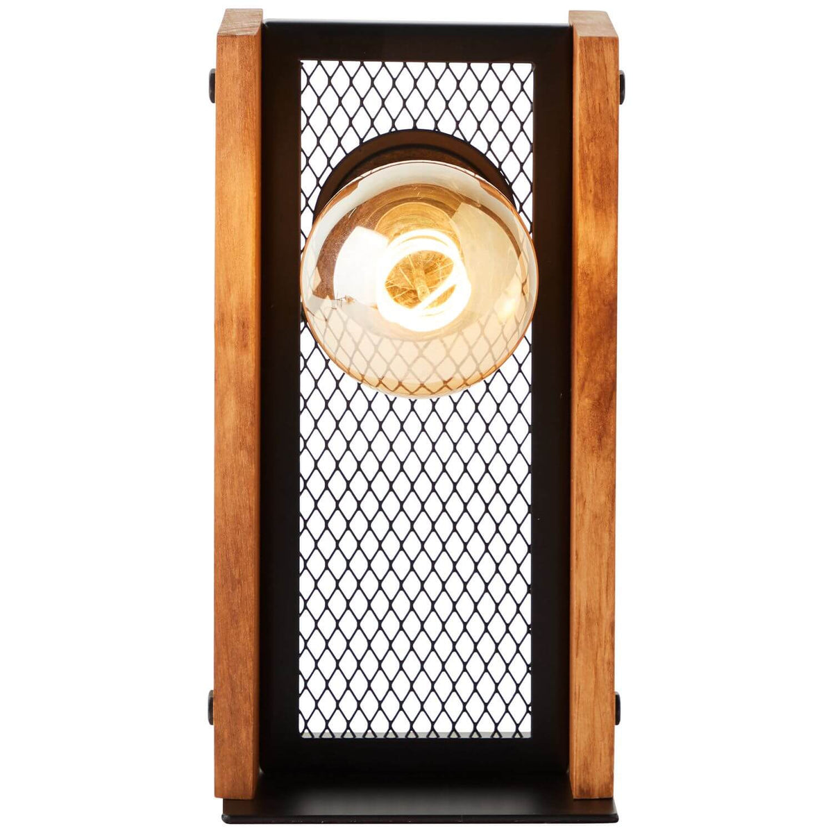Lampe à poser de face, cadre en bois et grille métallique noire