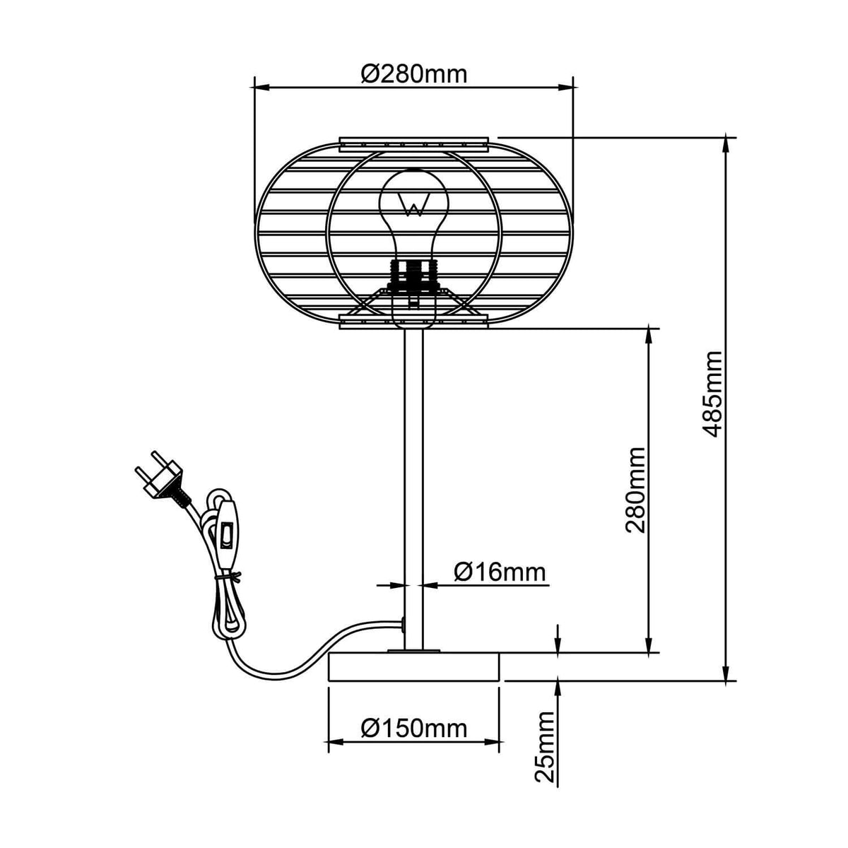 Schéma coté de la lampe avec hauteur, diamètres de l'abat-jour, du pied et du socle