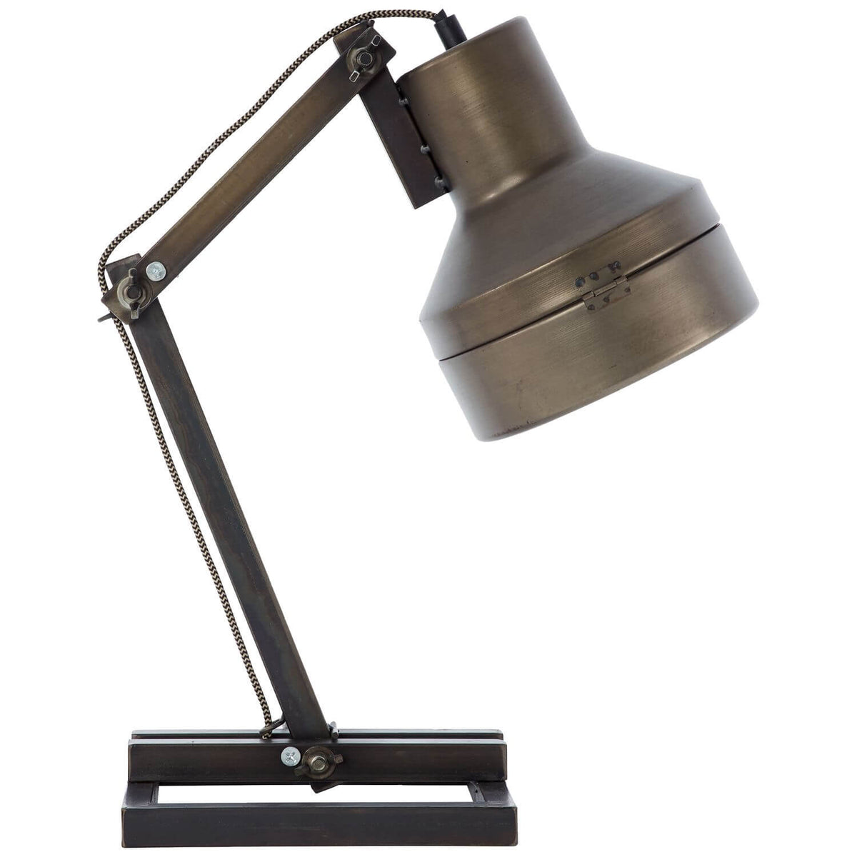 Lampe à poser industrielle noire vue de profil, abat-jour métallique orientable sur fond blanc.