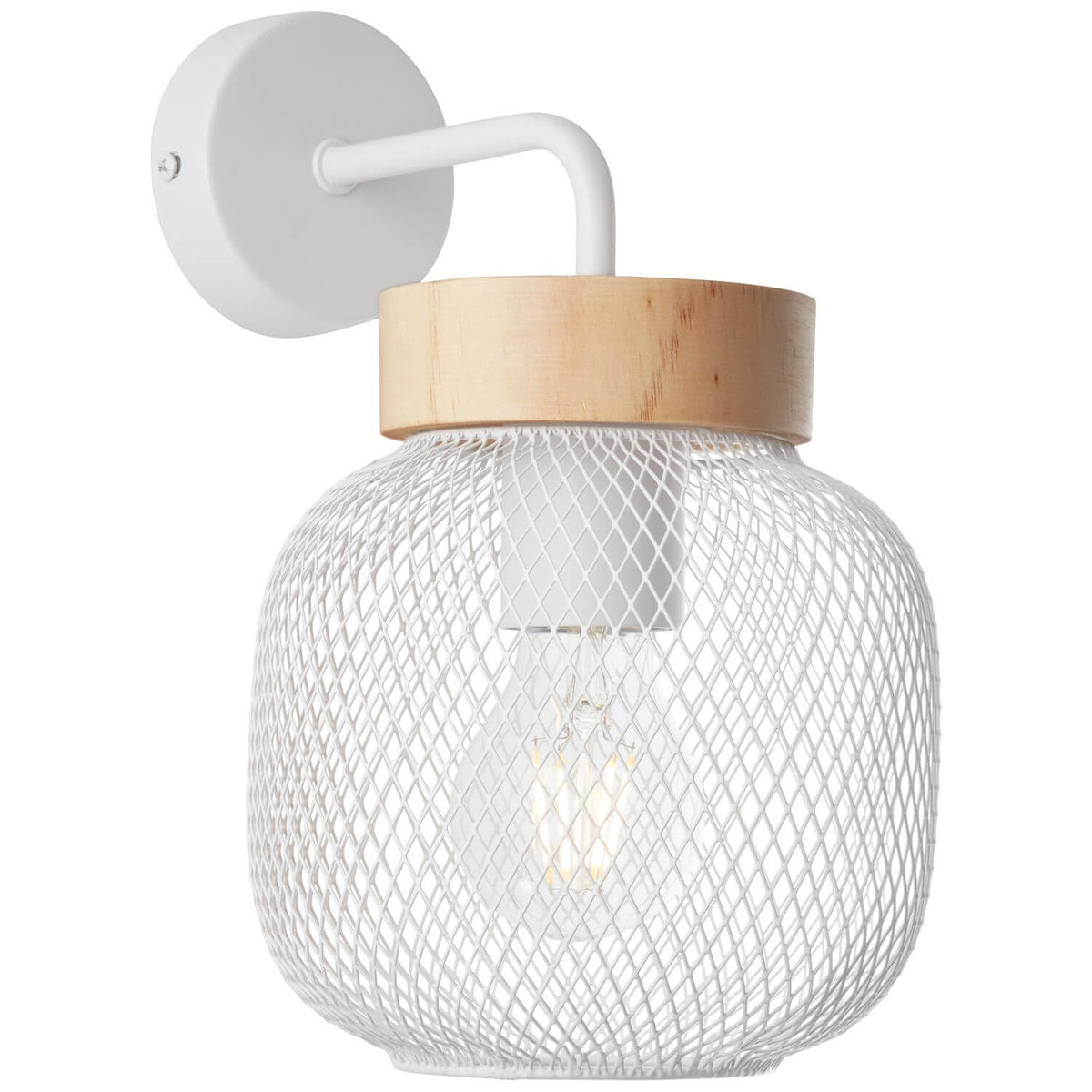 Applique murale blanche de face, abat-jour en maille ajourée et col en bois clair
