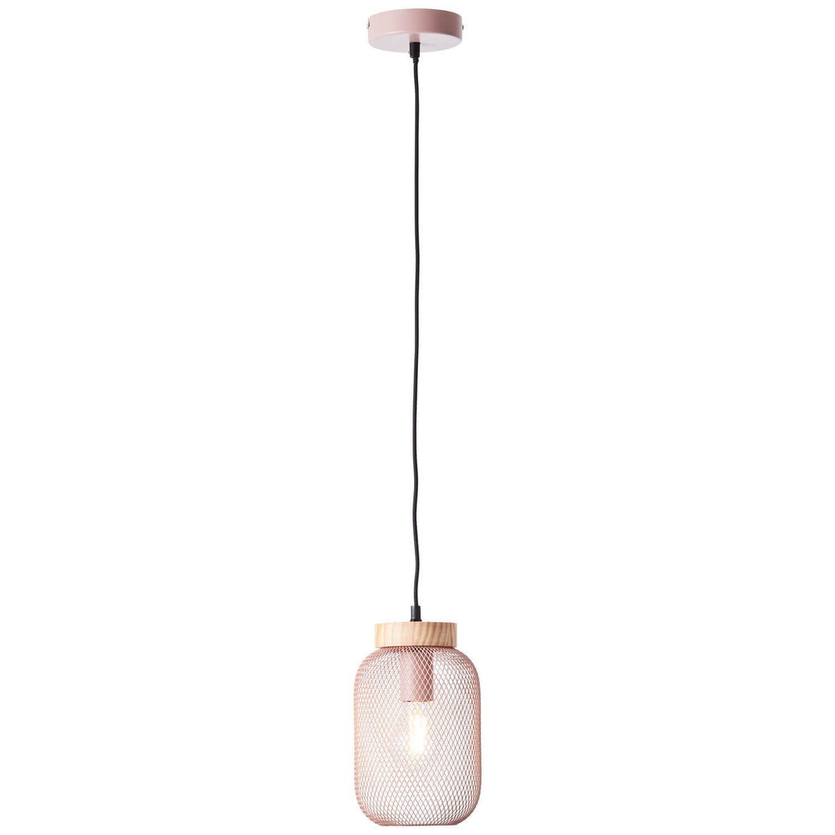 Suspension rose à abat-jour cylindrique en maille métallique et support en bois clair
