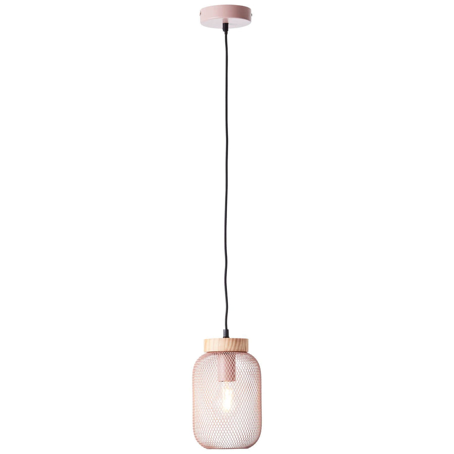 Suspension rose à abat-jour cylindrique en maille métallique et support en bois clair