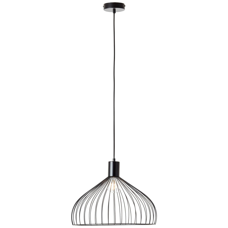 Luminaire suspendu noir mat photographié de face sur fond blanc, câble apparent
