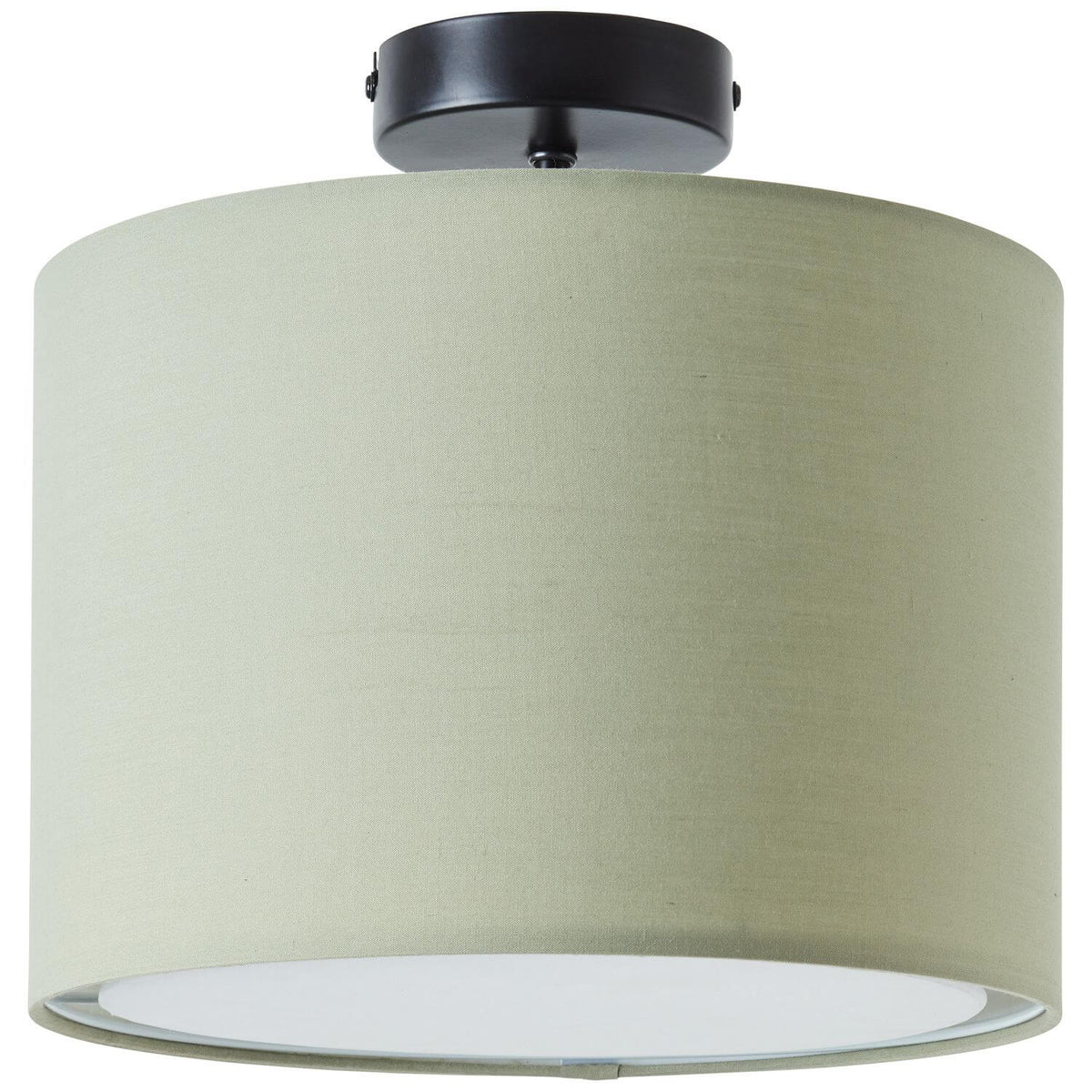 Détail de l'abat-jour vert et du diffuseur blanc, vu de face sur fond neutre