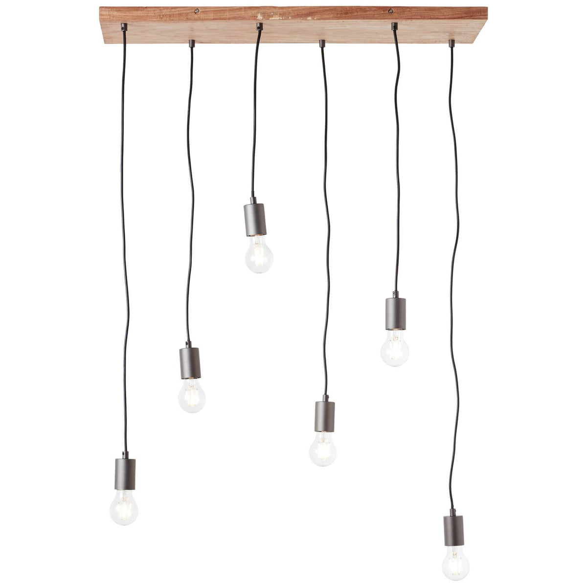 Suspension six lumières vue de face, câbles noirs tombant d'un support en bois clair