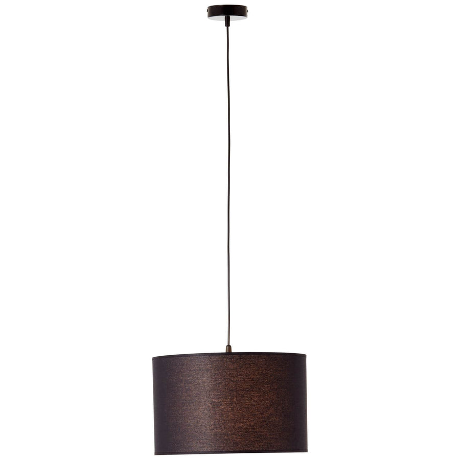 Suspension noire à abat-jour cylindrique en tissu, vue de face sur fond blanc