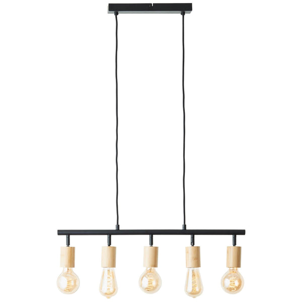 Suspension Tiffany 5 lumières noire mat et bois, bambou