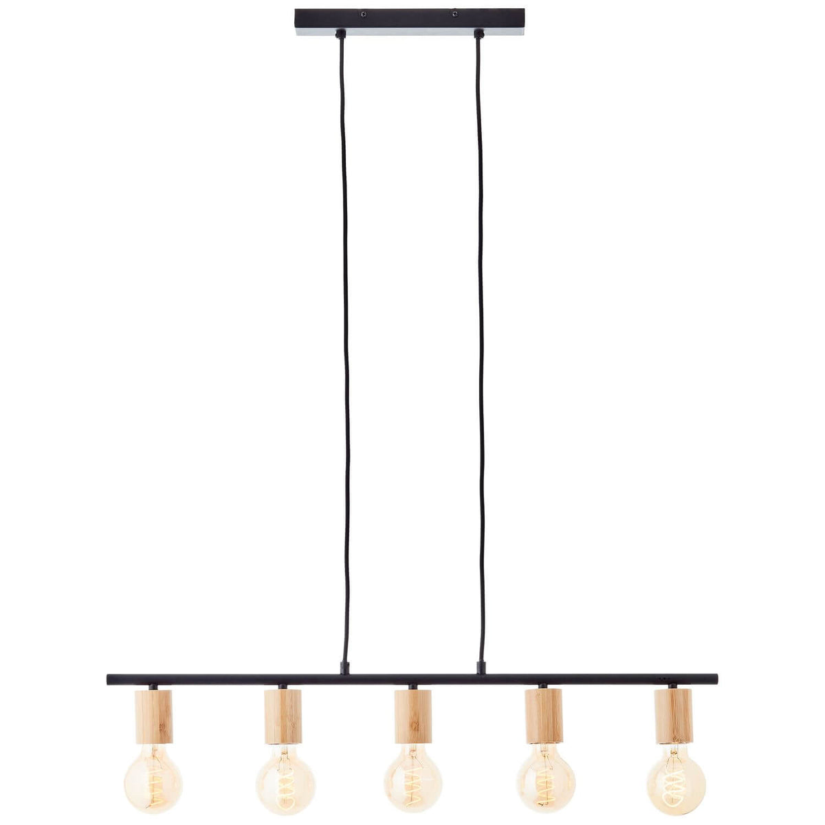 Suspension cinq lumières vue de face, barre noire et douilles en bambou