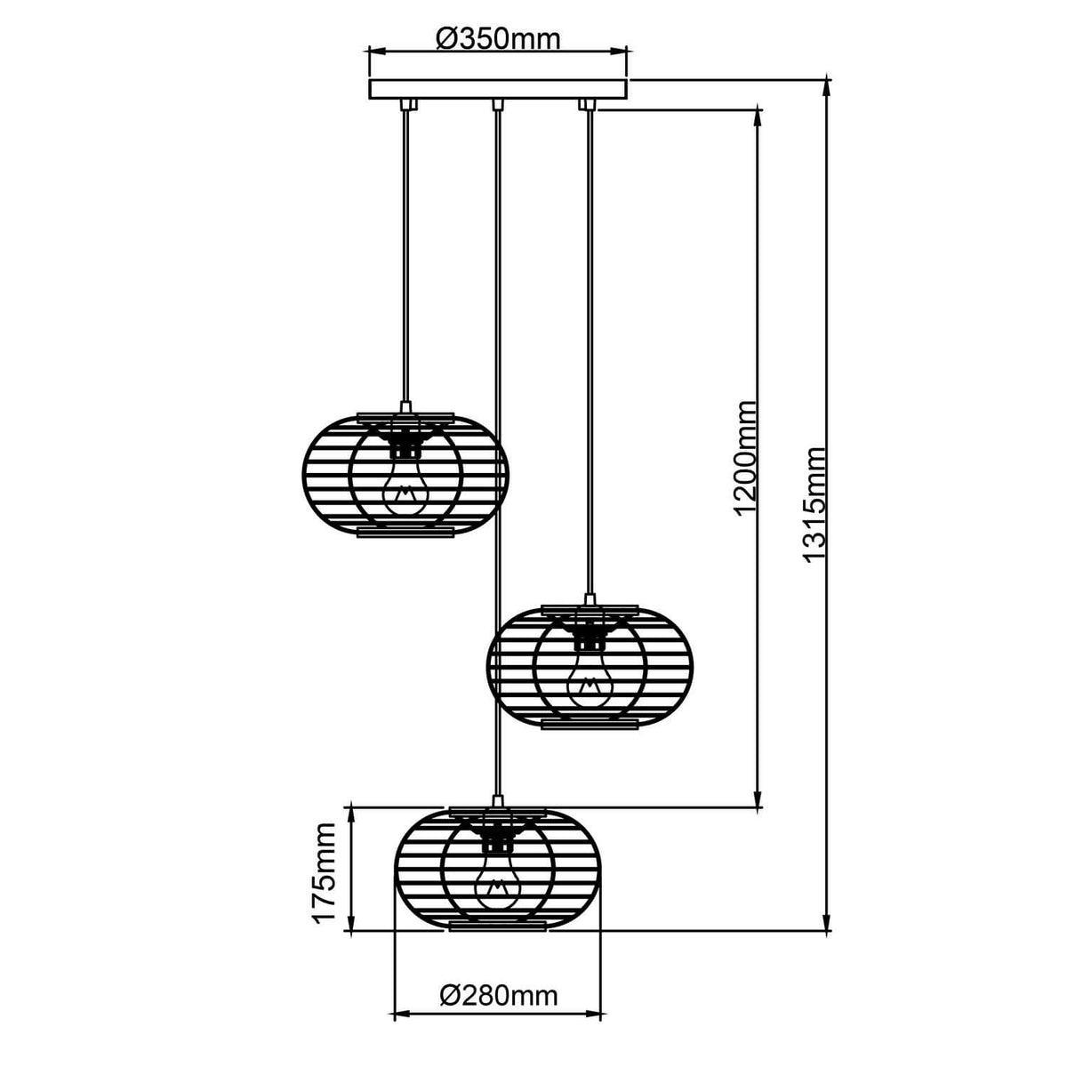 Suspension Woodball 3 lumières noire mat et bois, bambou, H 141,5 cm
