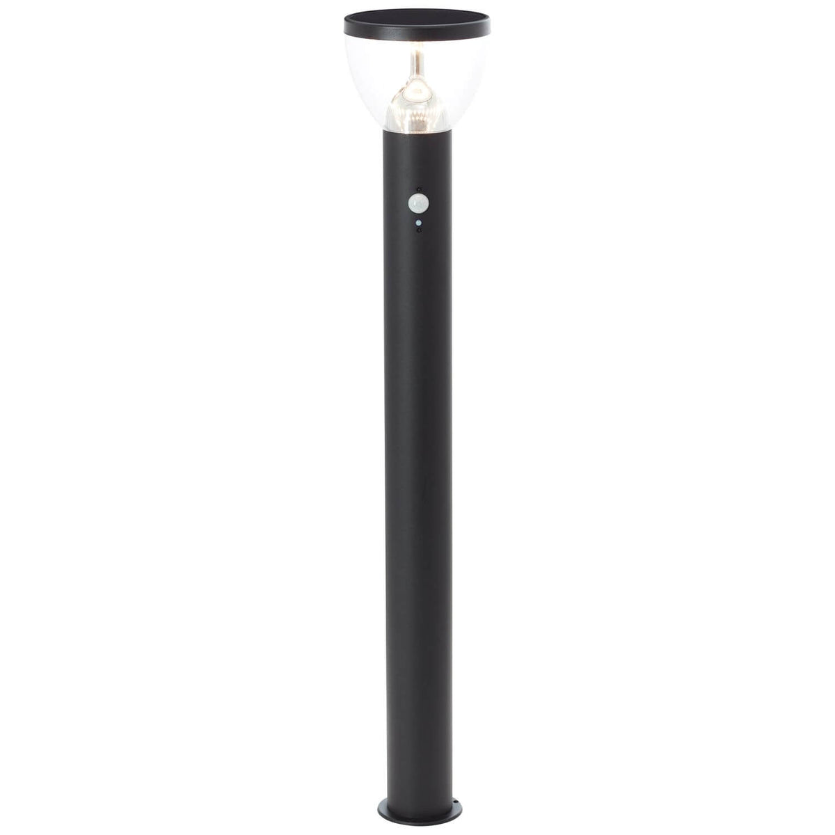 Lampadaire extérieur noir de face avec dôme transparent et ampoule allumée