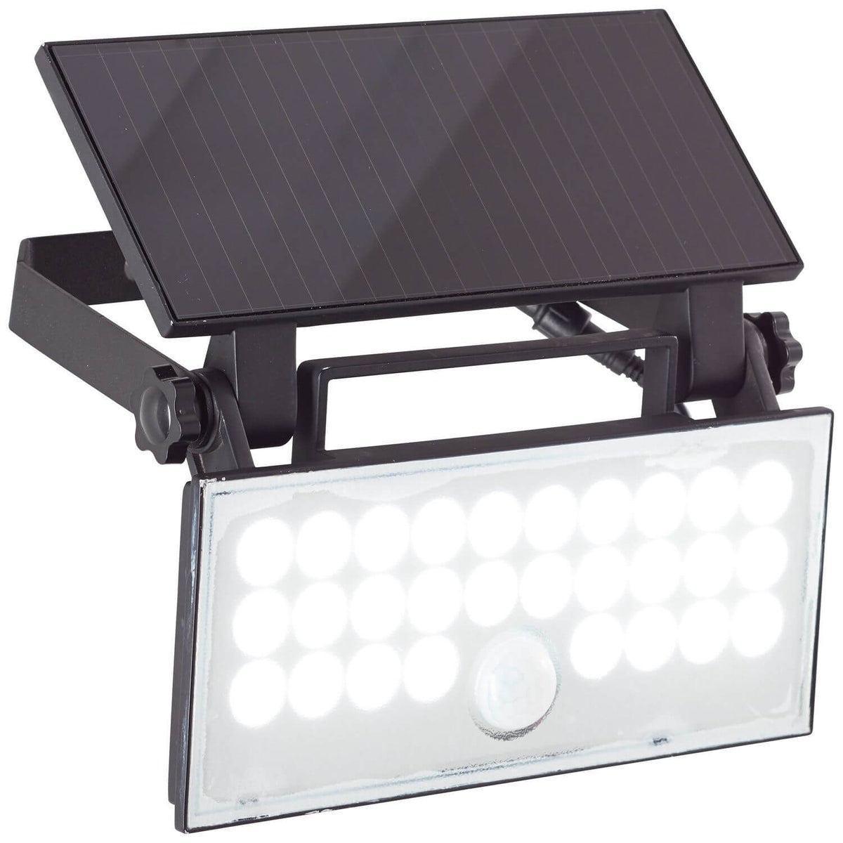 Vue de face du projecteur solaire noir, LED allumées et détecteur de mouvement.