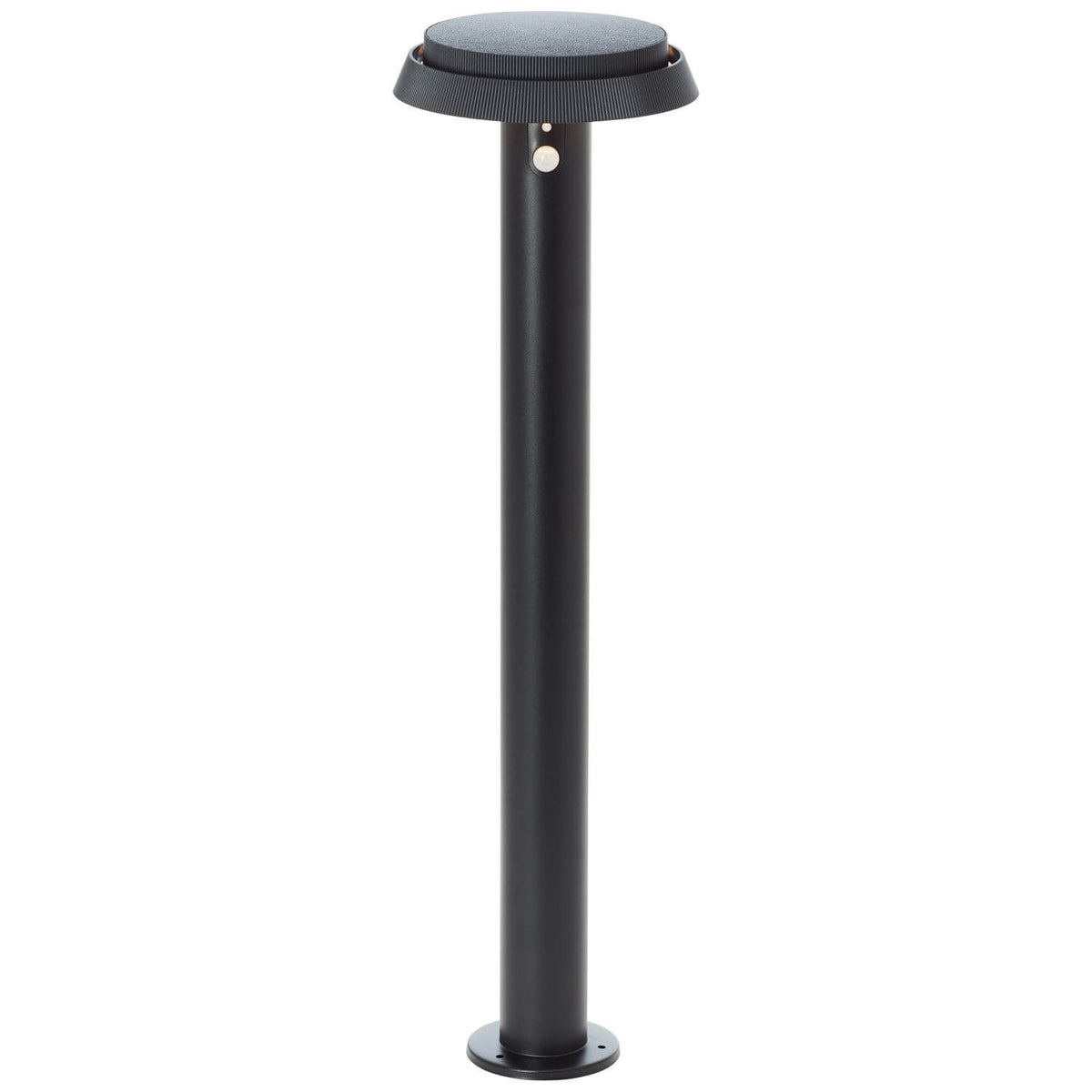 Lampadaire extérieur noir vu de face, mât cylindrique et tête ronde sur socle.